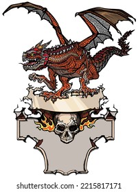 Medieval dragon and burning human skull. Classic European mythological creature with open bat-type wings. Design template. Graphic style isolated vector illustration