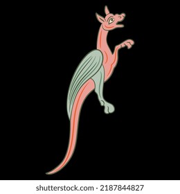 
Medieval dragon. Illuminated manuscript motif. Fantastic animal. On black background.
