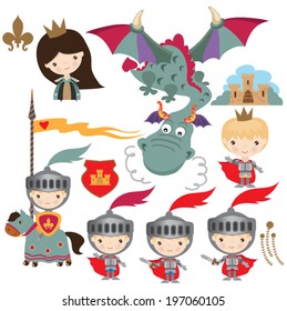 Medieval dragon, knight and princess illustration