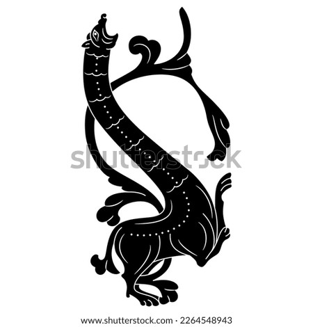 Medieval dragon with long neck and tail as floral branch. Medieval illuminated manuscript style. Black and white negative silhouette.
