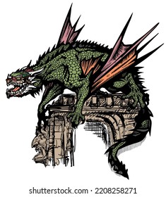 Medieval Dragon. West Europe mythological creature with bat-type wings. Graphic style isolated vector illustration