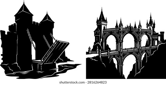 Medieval drawbridge and gothic castle bridge silhouette vector set featuring fortress gates stone aqueduct arches and fantasy landscape towers