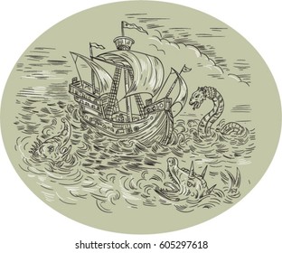 Medieval drawing sketch style illustration of a tall ship sailing in turbulent ocean sea with serpents and sea dragons around set inside oval shape. 