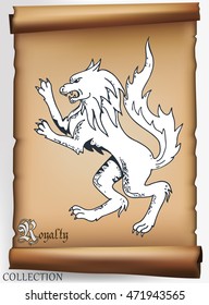 Medieval drawings of animals on old scroll. Vector illustration.