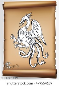 Medieval drawings of animals on old scroll. Vector illustration.