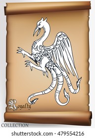 Medieval drawings of animals on old scroll. Vector illustration.