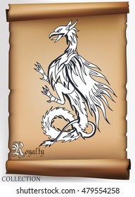 Medieval drawings of animals on old scroll. Vector illustration.