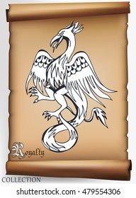 Medieval drawings of animals on old scroll. Vector illustration.