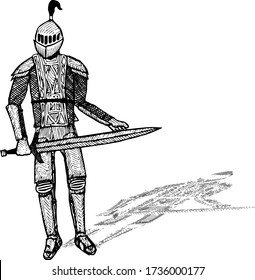 Medieval drawn ink knight in armor standing with a sword. Engraving warrior black and white etching vector illustration. Hatching style  soldier