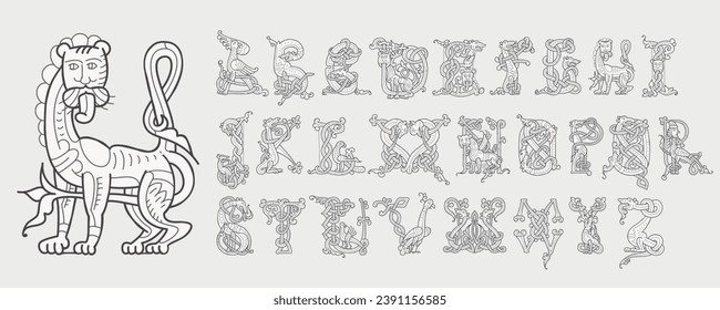 Alfabeto de las cápsulas de gota medievales. Iniciales hechas de bestias celtas espirales, leones, pájaros. Caligrafía gótica iluminada. Capital ornamental heráldica de la Edad Media. Fuente germánica para tatuajes, música pagana, pociones.