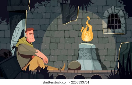 Medieval dungeon cartoon poster with prisoner in castle basement vector illustration