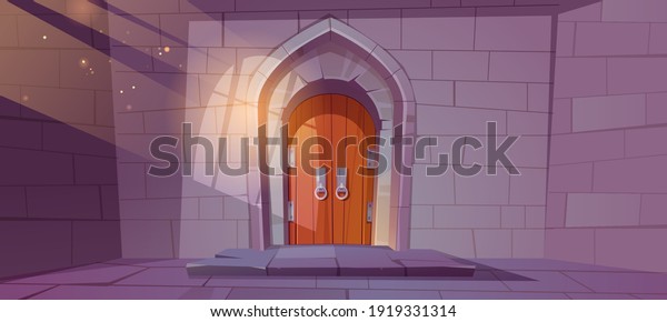 Medieval dungeon or castle interior with\
wooden arched door and wall of stone bricks, entry to palace with\
sunlight fall through barred window. Fairytale building exterior,\
Cartoon vector\
illustration