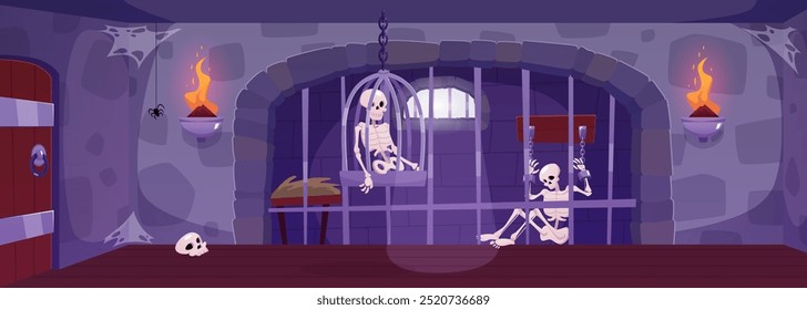 Medieval dungeon cell with gratings gate. Castle prisoners room with iron shackles on stone walls, hanging cage with chained skeletons. Vector cartoon ancient prison with burning torches, window light