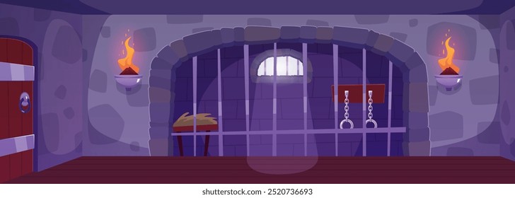 Celda de mazmorra medieval con puerta de rejillas. Sala de castillo para prisioneros, interior con grilletes de hierro en paredes de piedra. Vector de dibujos animados de la antigua cárcel con antorchas en llamas, luz de la ventana