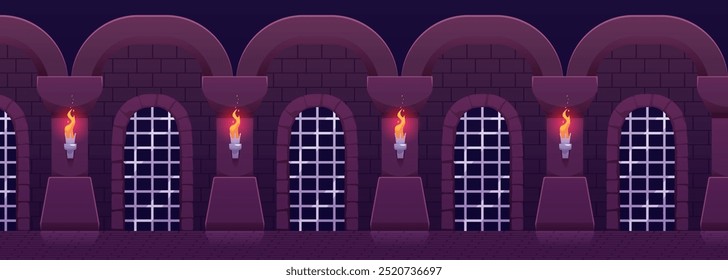 Medieval dungeon corridor interior with gratings arches gates, wall from stone bricks and burning torches. Vector cartoon illustration of ancient underground prison castle hall. Jail basement