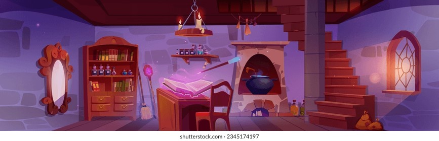 Medieval dungeon room with cauldron in stove. Vector cartoon illustration of witch basement with old wooden furniture, spell books and potion bottles on shelf, magic mirror on stone wall, stairs