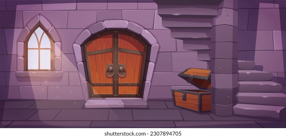 Medieval dungeon with stairs and treasure chest. Vector cartoon illustration of ancient royal castle interior with gothic window, wooden door, empty trunk on stone floor downstairs. Game background