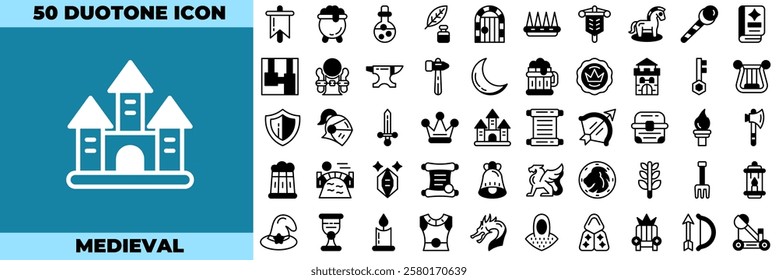 Medieval Duotone Editable Icons set. Vector illustration in modern thin duotone style of medieval icons: fantasy, knight, rpg, etc