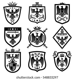 Medieval eagle heraldry coat of arms, emblems, badges.