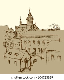 Medieval edifice. Freehand outline ink hand drawn picture sketch in art retro doodle graphic style pen on paper and space for text on sky backdrop