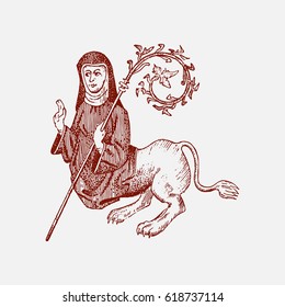 medieval element, decorative hand drawn illustration with old symbols of middle age, gothical ornament piece, engraved chimera half catholic women and lion, praying