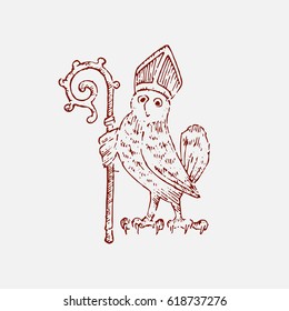 medieval element, decorative hand drawn illustration with old symbols of middle age, gothical ornament piece, engraved chimera owl with mace