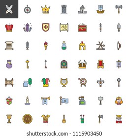 Medieval elements filled outline icons set, line vector symbol collection, linear colorful pictogram pack. Signs, logo illustration, Set includes icons as Swords, Compass, Crown, Tower, Castle, Shield