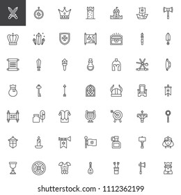 Medieval elements outline icons set. linear style symbols collection, line signs pack. vector graphics. Set includes icons as Swords, Compass, Crown, Tower, Castle, Shield, Torch,Viking helmet, Quill
