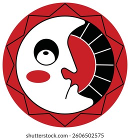 Medieval emblem of moon and sun in decorative folk style. Crescent moon logo with face in circle. Simple stylized icon, graphic design element in black, white, red colors. Vector illustration.