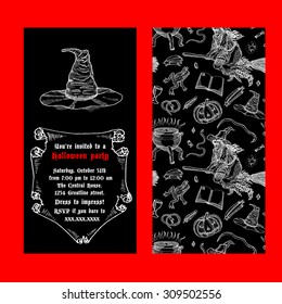 Medieval engraving style Halloween invitation. Ink line illustration with animals, objects and characters for Halloween.