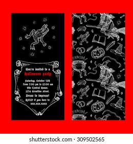 Medieval engraving style Halloween invitation. Ink line illustration with animals, objects and characters for Halloween.