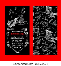 Medieval engraving style Halloween invitation. Ink line illustration with animals, objects and characters for Halloween.