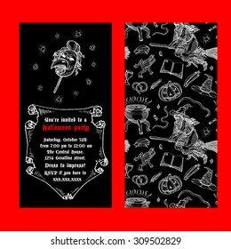 Medieval engraving style Halloween invitation. Ink line illustration with animals, objects and characters for Halloween.