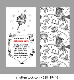 Medieval engraving style Halloween invitation. Ink line illustration with animals, objects and characters for Halloween. 