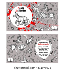 Medieval engraving style Halloween invitation. Ink line illustration with animals, objects and characters for Halloween. 
