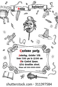 Medieval engraving style Halloween poster. Ink line illustration with animals, objects and characters for Halloween.