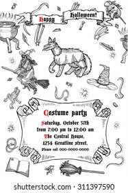 Medieval engraving style Halloween poster. Ink line illustration with animals, objects and characters for Halloween.