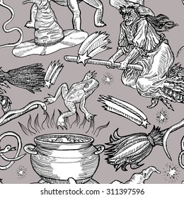 Medieval engraving style Halloween seamless pattern. Ink line illustration with animals, objects and characters for Halloween.