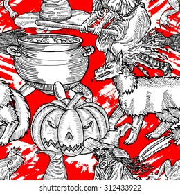 Medieval engraving style Halloween seamless pattern. Ink line illustration with animals, objects and characters for Halloween.