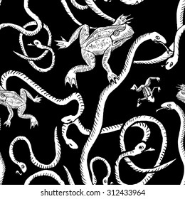 Medieval engraving style Halloween seamless pattern. Ink line illustration with animals, objects and characters for Halloween.