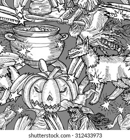 Medieval engraving style Halloween seamless pattern. Ink line illustration with animals, objects and characters for Halloween.