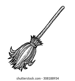 Medieval engraving style. Ink line illustration for Halloween. Flying witch broom.