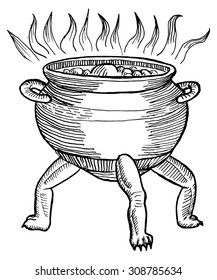 Medieval engraving style. Ink line illustration for Halloween. The Medieval cauldron of boiling potion.