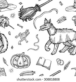 Medieval engraving style. Ink line illustration for Halloween. Seamless pattern with different halloween characters, animals and objects. 