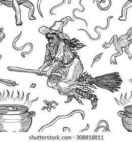 Medieval engraving style. Ink line illustration for Halloween. Seamless pattern with different halloween characters, animals and objects. 
