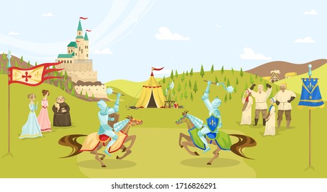 Medieval epoch tournament, cartoon people characters, knights with swords on horses fighting, peasants and castle vector illustration. Medieval life enterternament and historic games.