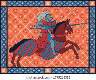 Medieval equestrian knight. Book miniature style