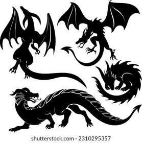 Drache im mittelalterlichen Europa-Stil Tattoo Silhouette Isolat Wyvern Drake 