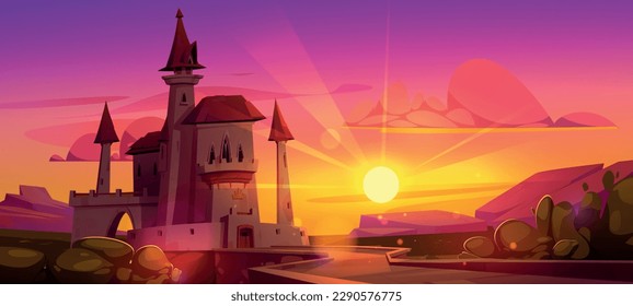 Medieval Europe tower castle with bridge on sunset cartoon background. France fortress construction for kingdom protection landscape illustration. Citadel fortification facade and skyline view