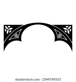 Medieval European arch frame in Gothic style. Geometrical architectural detail. Black and white silhouette.